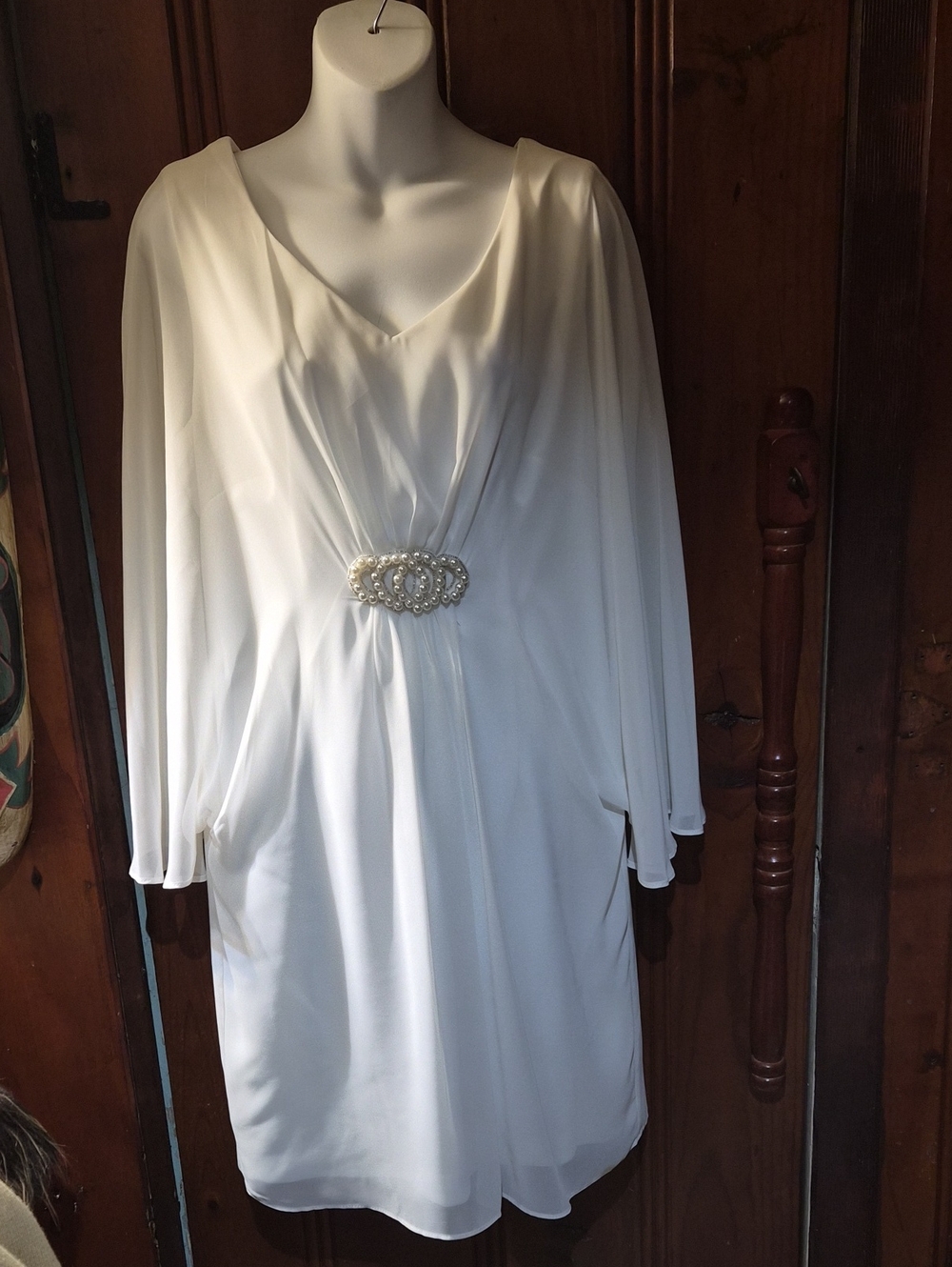 Ivory V-Neck Chiffon Dress with Jeweled Waist